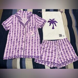 NWT Pink Palm Puff Embroidered Pajama Set With Bag In Twilight Size S Small